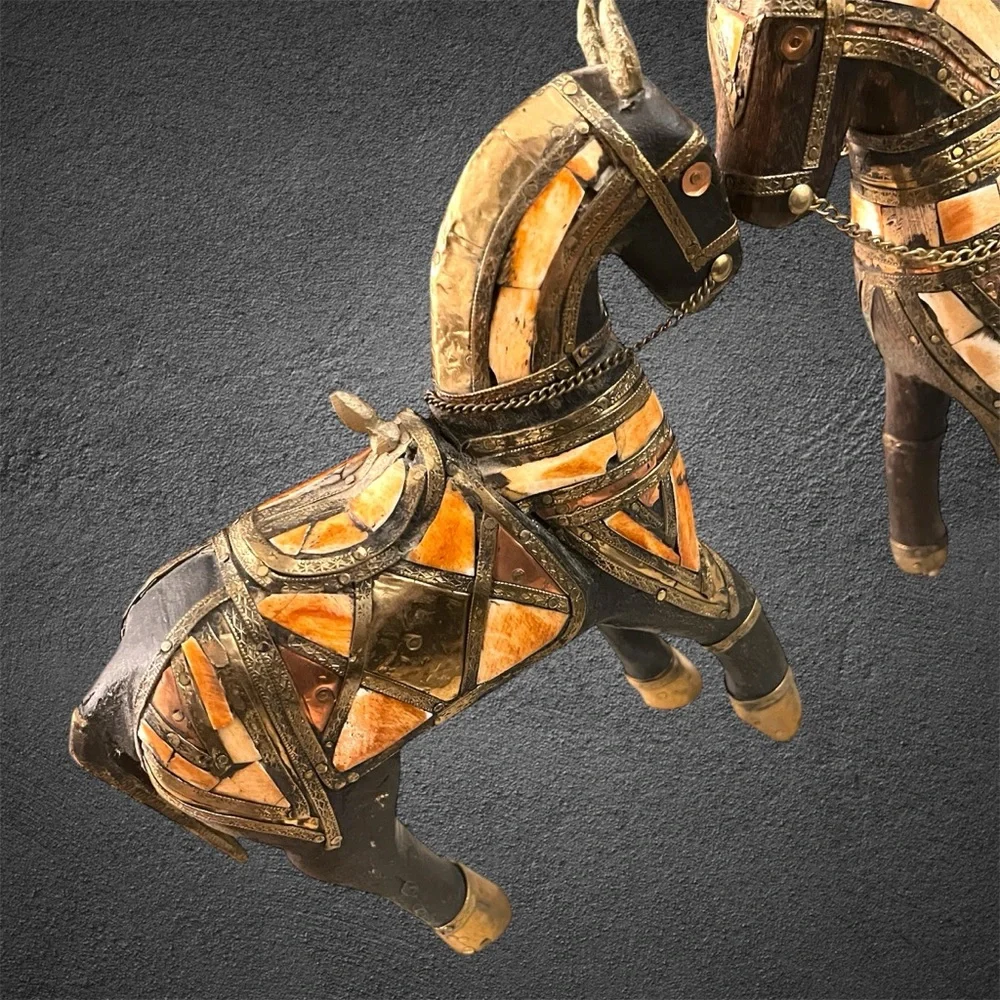 Pier 1 Egyptian War Horses Whittled From Black Wood w Copper, Brass & Seashells